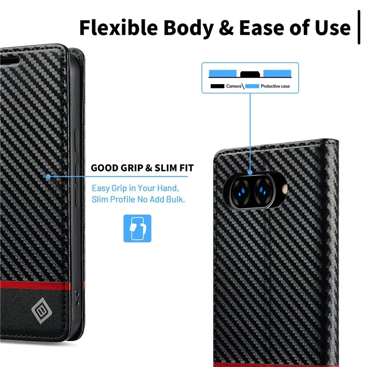 LC.IMEEKE Per Google Pixel 9a Cover con Texture in Fibra di Carbonio, Supporto e Porta Carte - Striscia Orizzontale