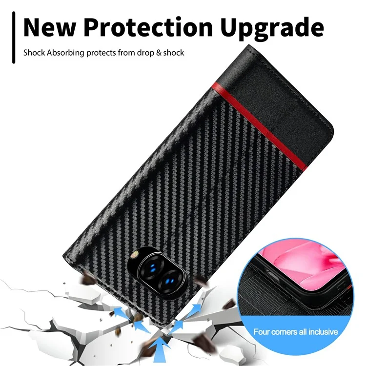 LC.IMEEKE Per Google Pixel 9a Cover con Texture in Fibra di Carbonio, Supporto e Porta Carte - Striscia Orizzontale