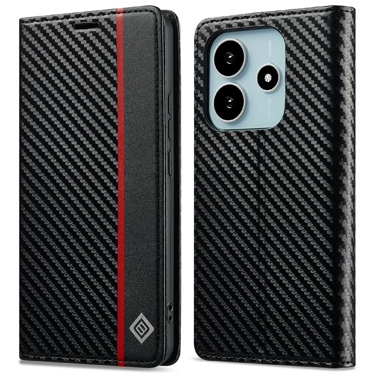 LC.IMEEKE Für Xiaomi Redmi Note 14 4G (164,84 mm) Hülle Karbonfaser-Textur Handyhülle mit Ständer Kartenhalter - Vertikale Streifen