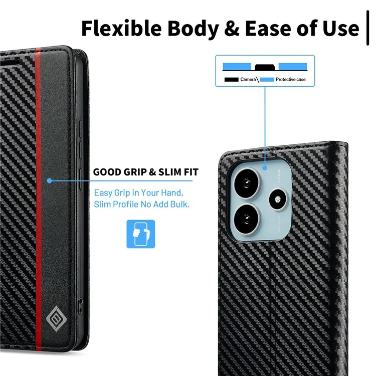 LC.IMEEKE Für Xiaomi Redmi Note 14 4G (164,84 mm) Hülle Karbonfaser-Textur Handyhülle mit Ständer Kartenhalter - Vertikale Streifen