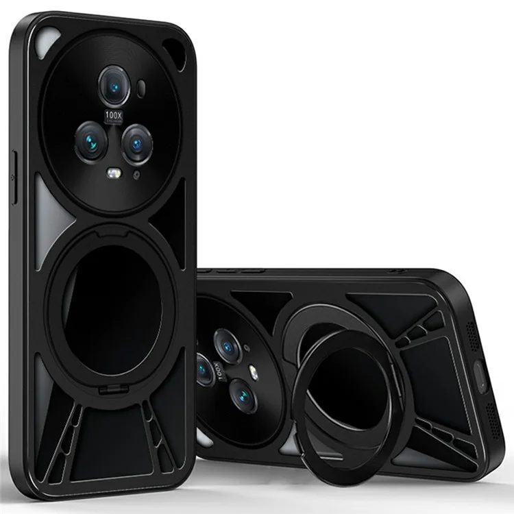 For Honor Magic5 Case Magnetic Kickstand Hollow Heat Dissipation Silicone + PC + Metal Bumper Phone Cover - Black