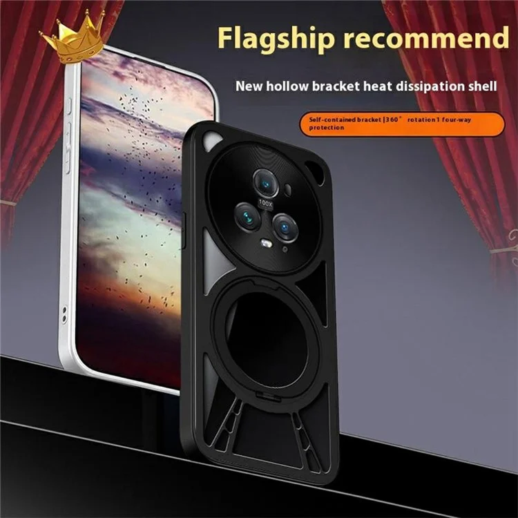 For Honor Magic5 Case Magnetic Kickstand Hollow Heat Dissipation Silicone + PC + Metal Bumper Phone Cover - Black
