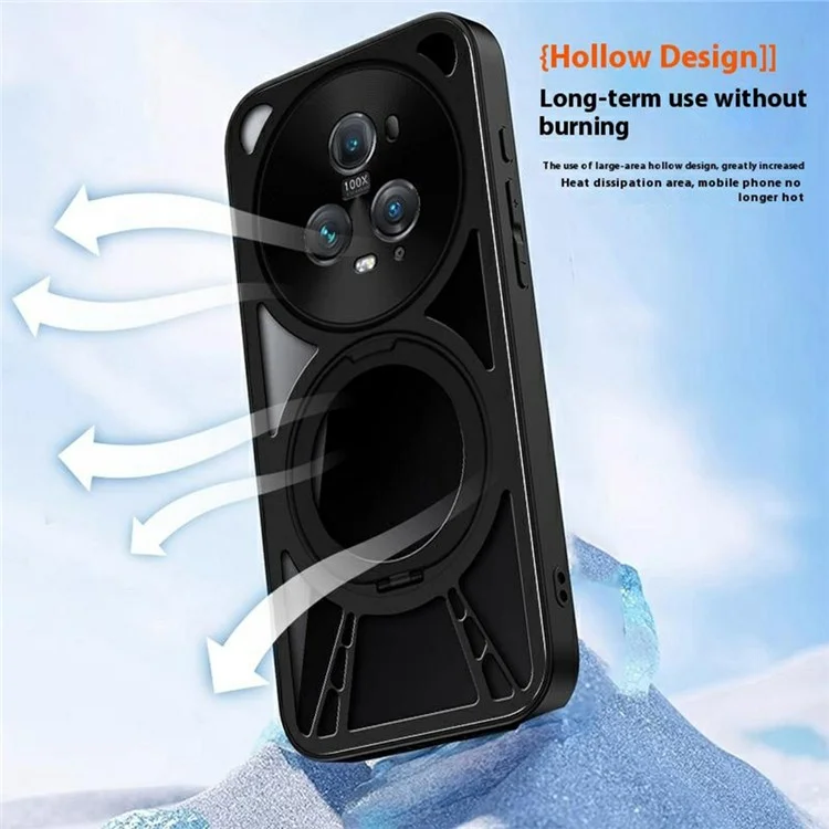 For Honor Magic5 Case Magnetic Kickstand Hollow Heat Dissipation Silicone + PC + Metal Bumper Phone Cover - Black