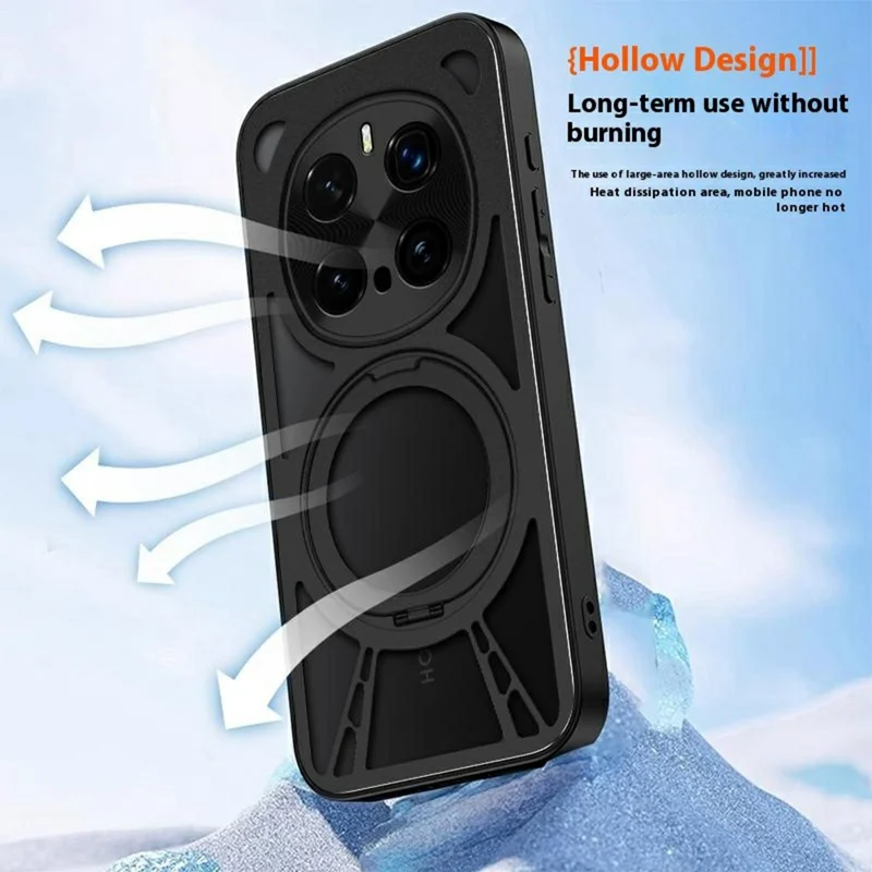 For Honor Magic7 5G Case Magnetic Kickstand Hollow Heat Dissipation Silicone + PC + Metal Bumper Phone Cover - Black