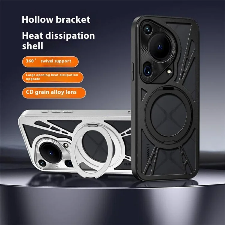 Für Huawei Pura 70 Ultra Hülle Magnetischer Ständer Hohle Wärmeableitung Silikon + PC + Metall Bumper Handyhülle - Schwarz