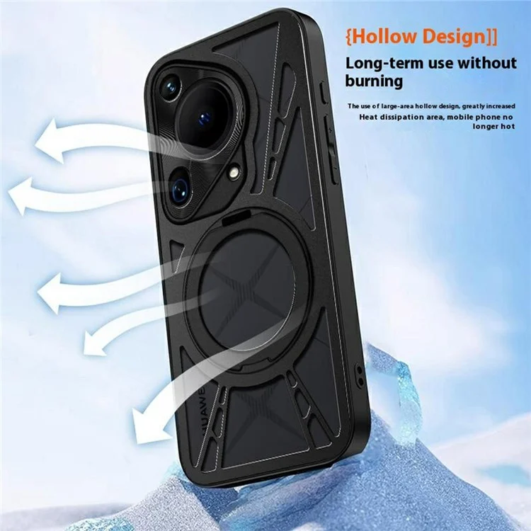 Für Huawei Pura 70 Ultra Hülle Magnetischer Ständer Hohle Wärmeableitung Silikon + PC + Metall Bumper Handyhülle - Schwarz