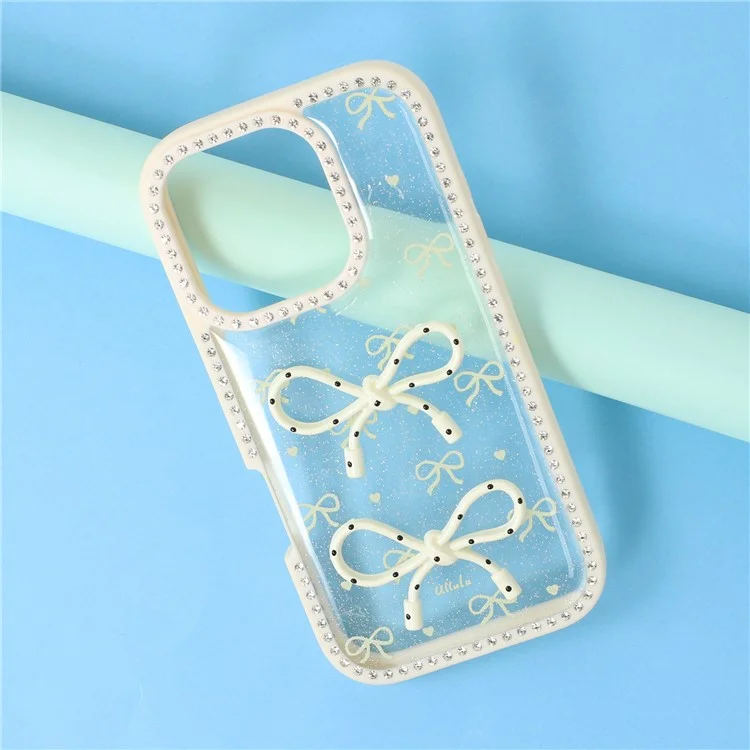 Étui pour iPhone 16 Pro Deux Nœuds Design Résine TPU + PC Couvercle arrière du téléphone Décoration de strass - Beige