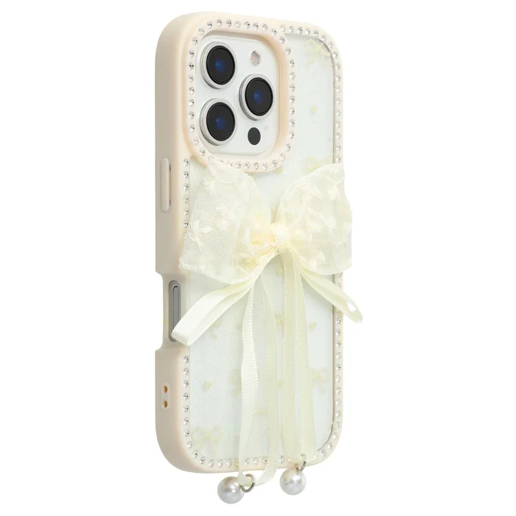Étui pour iPhone 16 Pro Design Époxy à Deux Arcs TPU + PC Coque Arrière de Téléphone avec Décoration de Strass - Beige