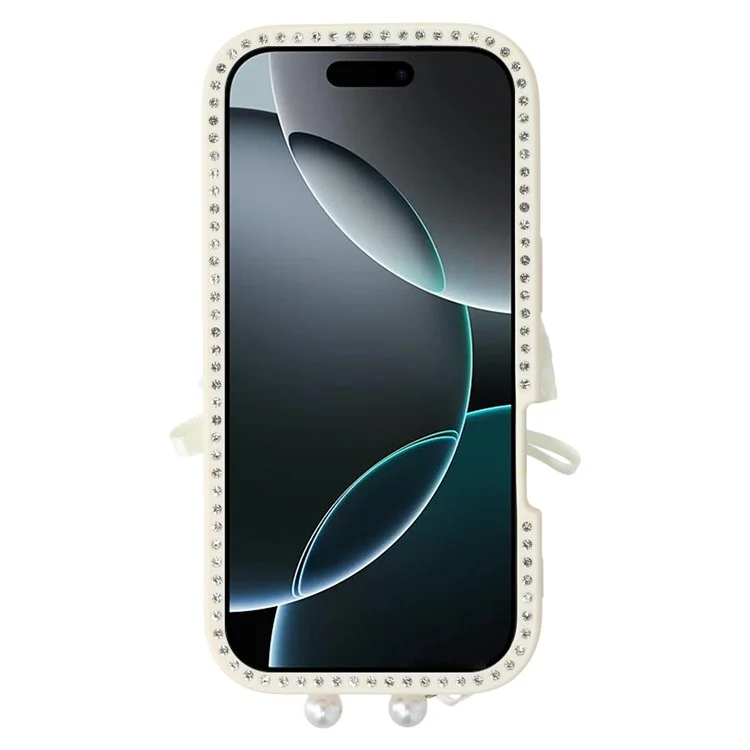 Étui pour iPhone 16 Pro Design Époxy à Deux Arcs TPU + PC Coque Arrière de Téléphone avec Décoration de Strass - Beige
