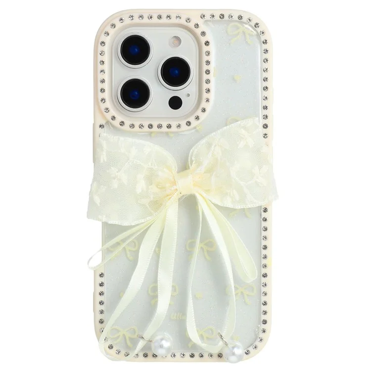 Étui pour iPhone 16 Pro Design Époxy à Deux Arcs TPU + PC Coque Arrière de Téléphone avec Décoration de Strass - Beige