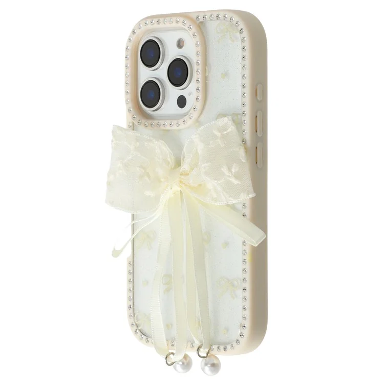 Étui pour iPhone 16 Pro Design Époxy à Deux Arcs TPU + PC Coque Arrière de Téléphone avec Décoration de Strass - Beige