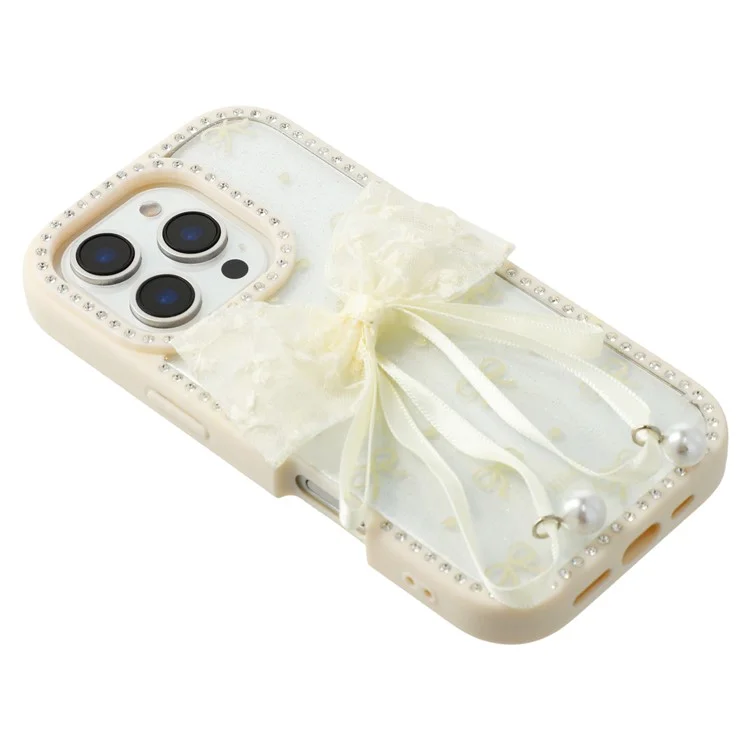 Étui pour iPhone 16 Pro Design Époxy à Deux Arcs TPU + PC Coque Arrière de Téléphone avec Décoration de Strass - Beige
