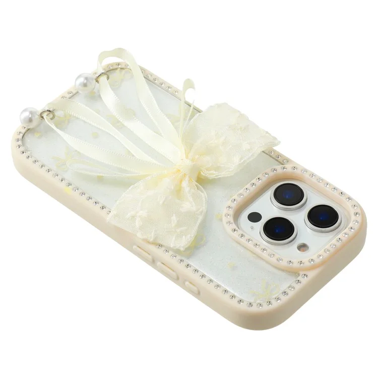 Étui pour iPhone 16 Pro Design Époxy à Deux Arcs TPU + PC Coque Arrière de Téléphone avec Décoration de Strass - Beige