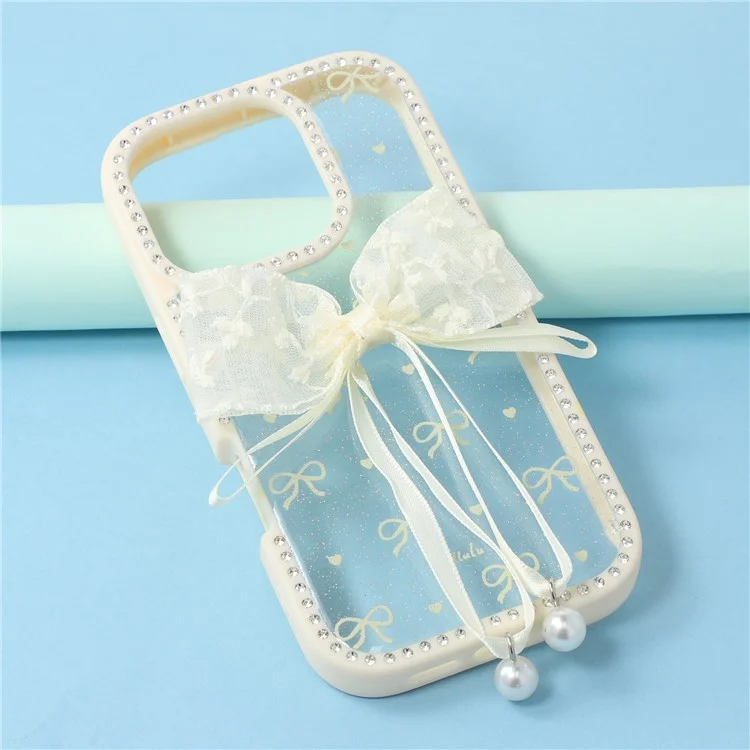 Étui pour iPhone 16 Pro Design Époxy à Deux Arcs TPU + PC Coque Arrière de Téléphone avec Décoration de Strass - Beige