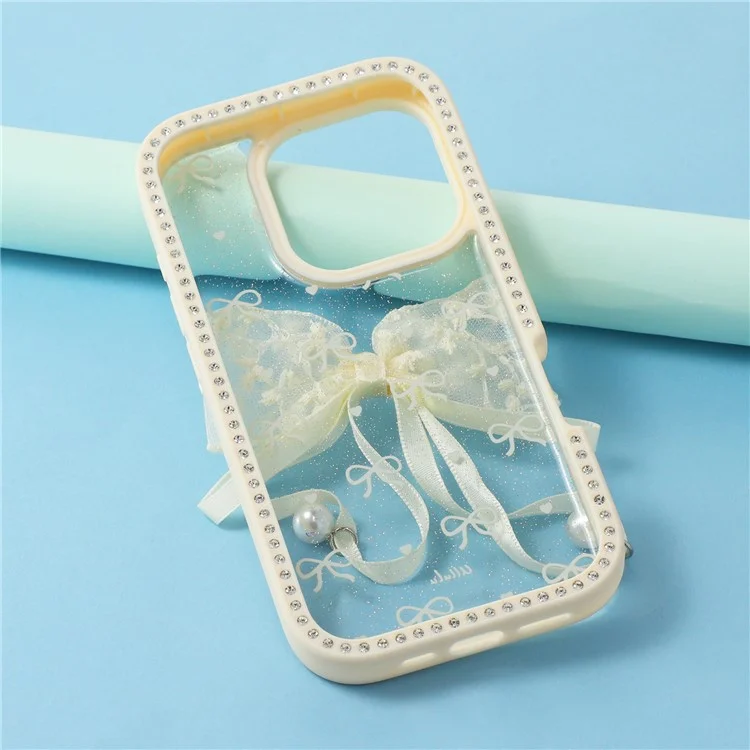 Étui pour iPhone 16 Pro Design Époxy à Deux Arcs TPU + PC Coque Arrière de Téléphone avec Décoration de Strass - Beige