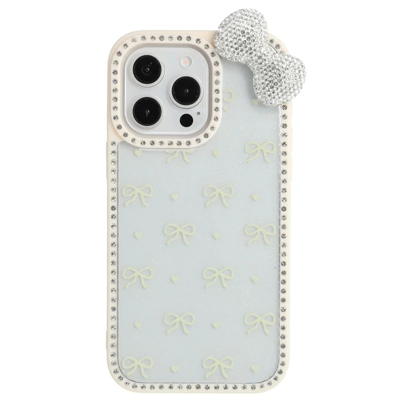 For iPhone 15 Pro Max Case Epoxy Design TPU + PC Phone Back Cover with Bow, Rhinestone Decor - White