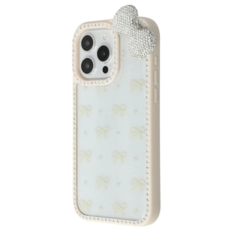 For iPhone 15 Pro Max Case Epoxy Design TPU + PC Phone Back Cover with Bow, Rhinestone Decor - White