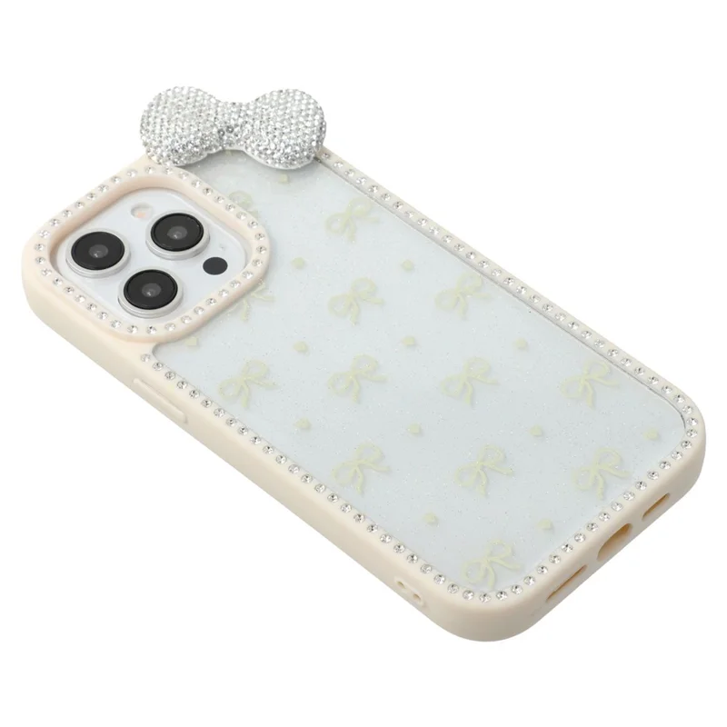 For iPhone 15 Pro Max Case Epoxy Design TPU + PC Phone Back Cover with Bow, Rhinestone Decor - White