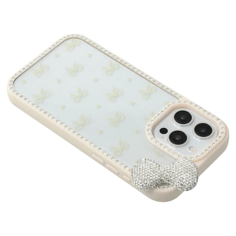 For iPhone 15 Pro Max Case Epoxy Design TPU + PC Phone Back Cover with Bow, Rhinestone Decor - White