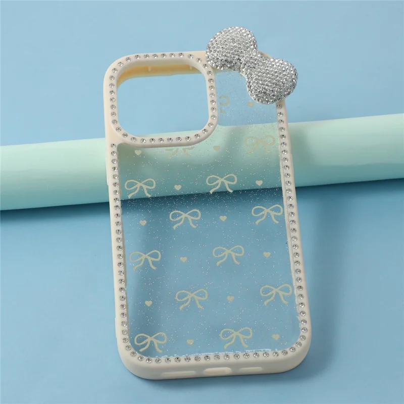 For iPhone 15 Pro Max Case Epoxy Design TPU + PC Phone Back Cover with Bow, Rhinestone Decor - White