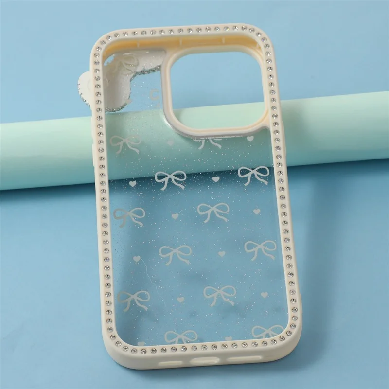 For iPhone 15 Pro Max Case Epoxy Design TPU + PC Phone Back Cover with Bow, Rhinestone Decor - White