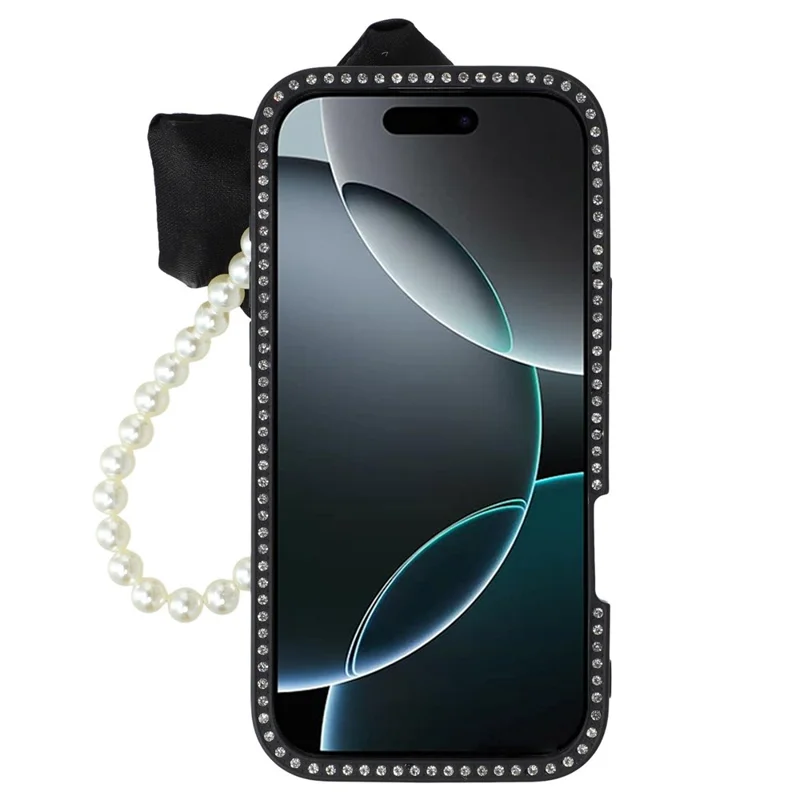 For iPhone 16 Pro Max Case Glitter Epoxy Design TPU + PC Phone Back Cover with Bow Strap, Rhinestone Decor - Black