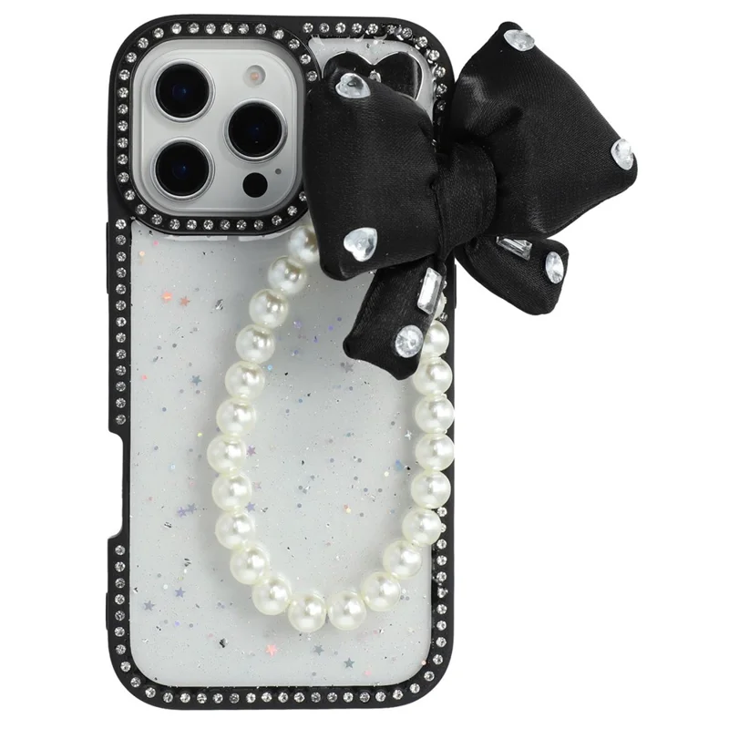 For iPhone 16 Pro Max Case Glitter Epoxy Design TPU + PC Phone Back Cover with Bow Strap, Rhinestone Decor - Black