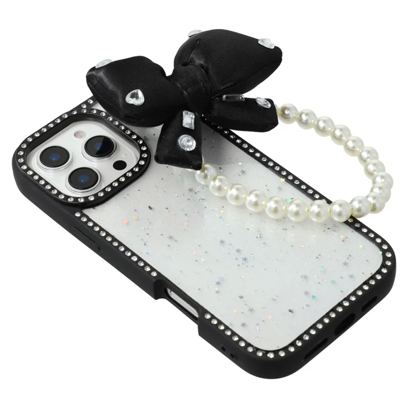 For iPhone 16 Pro Max Case Glitter Epoxy Design TPU + PC Phone Back Cover with Bow Strap, Rhinestone Decor - Black