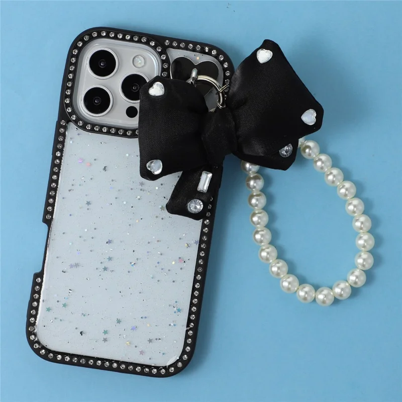 For iPhone 16 Pro Max Case Glitter Epoxy Design TPU + PC Phone Back Cover with Bow Strap, Rhinestone Decor - Black