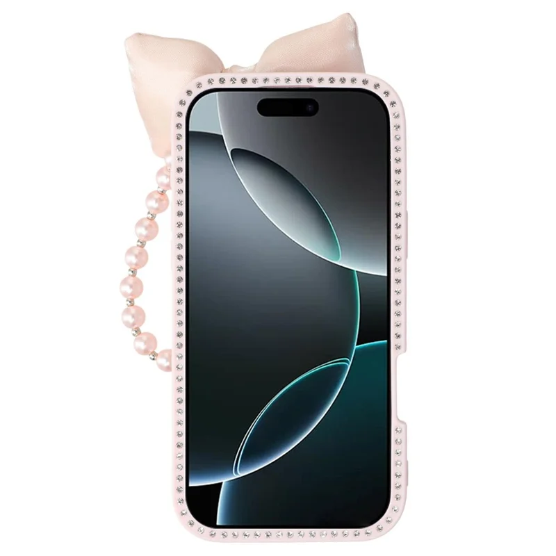 For iPhone 16 Pro Max Case Glitter Epoxy Design TPU + PC Phone Back Cover with Bow Strap, Rhinestone Decor - Pink