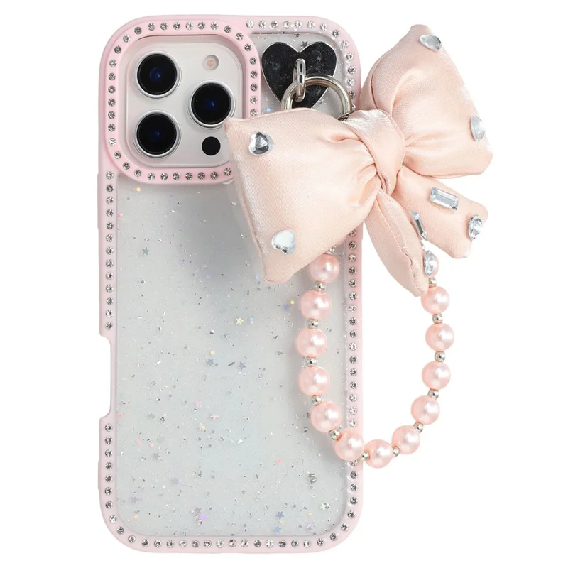 For iPhone 16 Pro Max Case Glitter Epoxy Design TPU + PC Phone Back Cover with Bow Strap, Rhinestone Decor - Pink