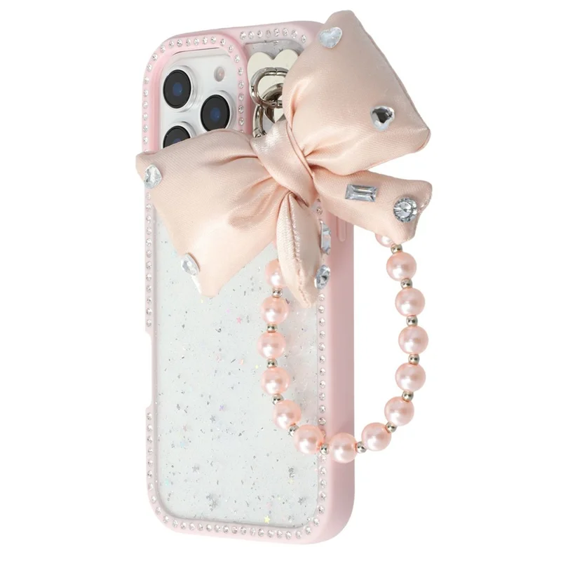 For iPhone 16 Pro Max Case Glitter Epoxy Design TPU + PC Phone Back Cover with Bow Strap, Rhinestone Decor - Pink