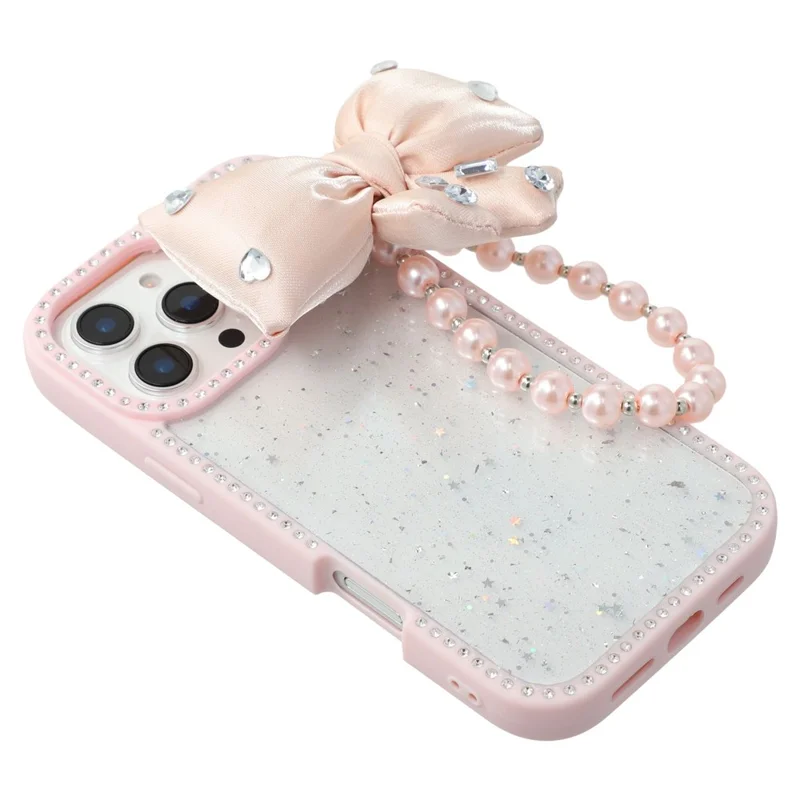 For iPhone 16 Pro Max Case Glitter Epoxy Design TPU + PC Phone Back Cover with Bow Strap, Rhinestone Decor - Pink
