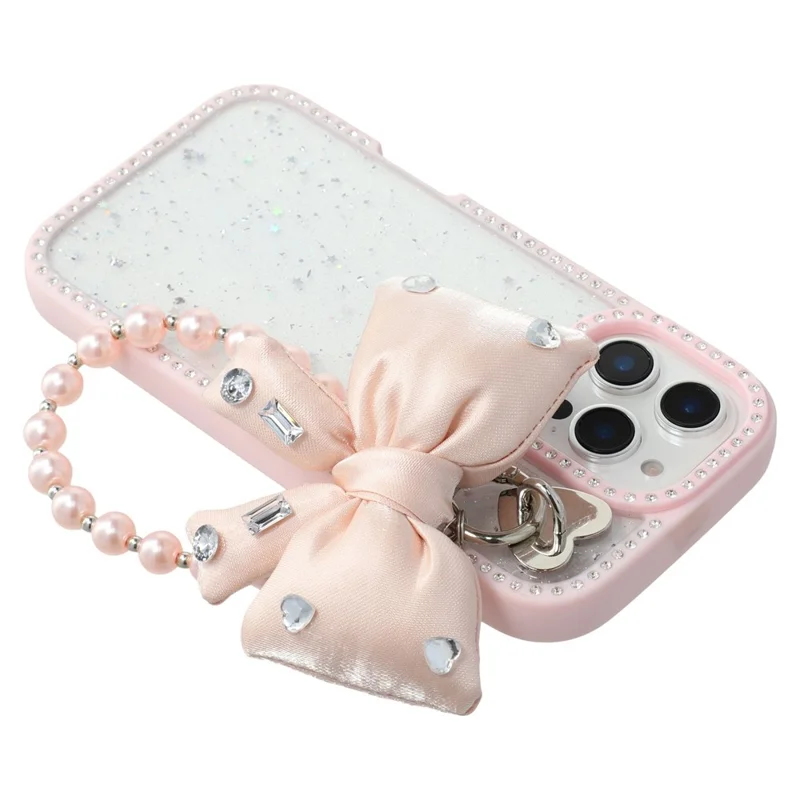 For iPhone 16 Pro Max Case Glitter Epoxy Design TPU + PC Phone Back Cover with Bow Strap, Rhinestone Decor - Pink
