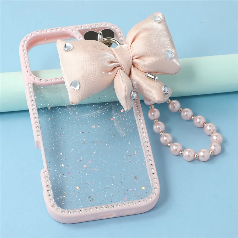 For iPhone 16 Pro Max Case Glitter Epoxy Design TPU + PC Phone Back Cover with Bow Strap, Rhinestone Decor - Pink