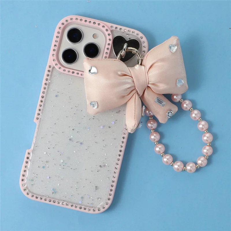 For iPhone 16 Pro Max Case Glitter Epoxy Design TPU + PC Phone Back Cover with Bow Strap, Rhinestone Decor - Pink