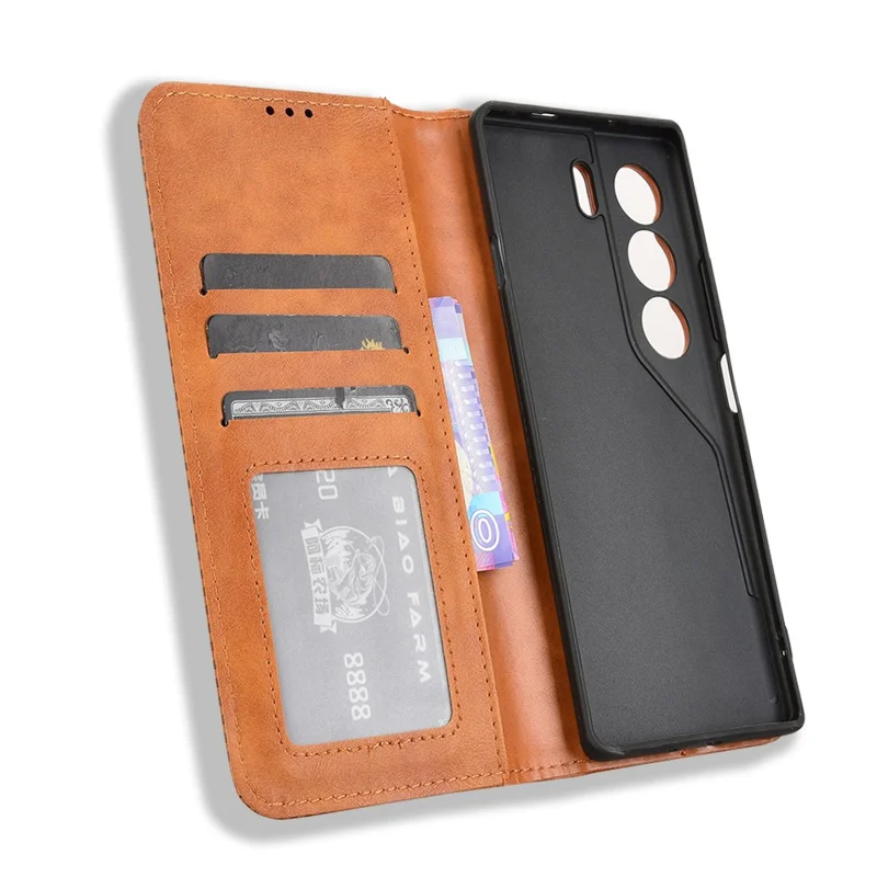 Чехол-книжка из кожи для TECNO Camon 40 4G CM5 с подставкой и винтажной текстурой - Коричневый
