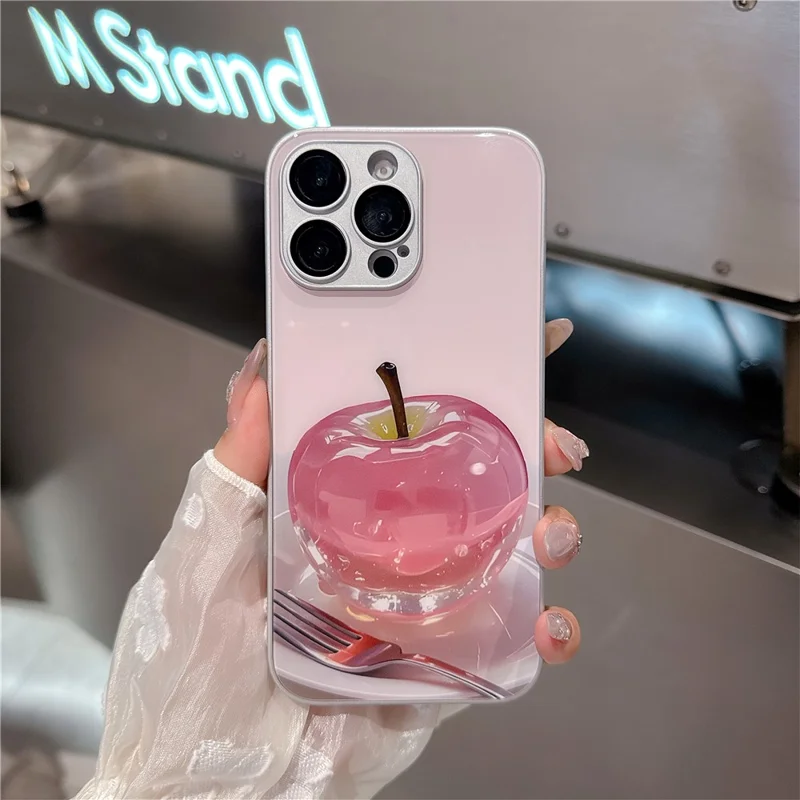 For iPhone 15 Pro Case Mirror Painted Fruit Pattern TPU + Acrylic Phone Cover - Cherry