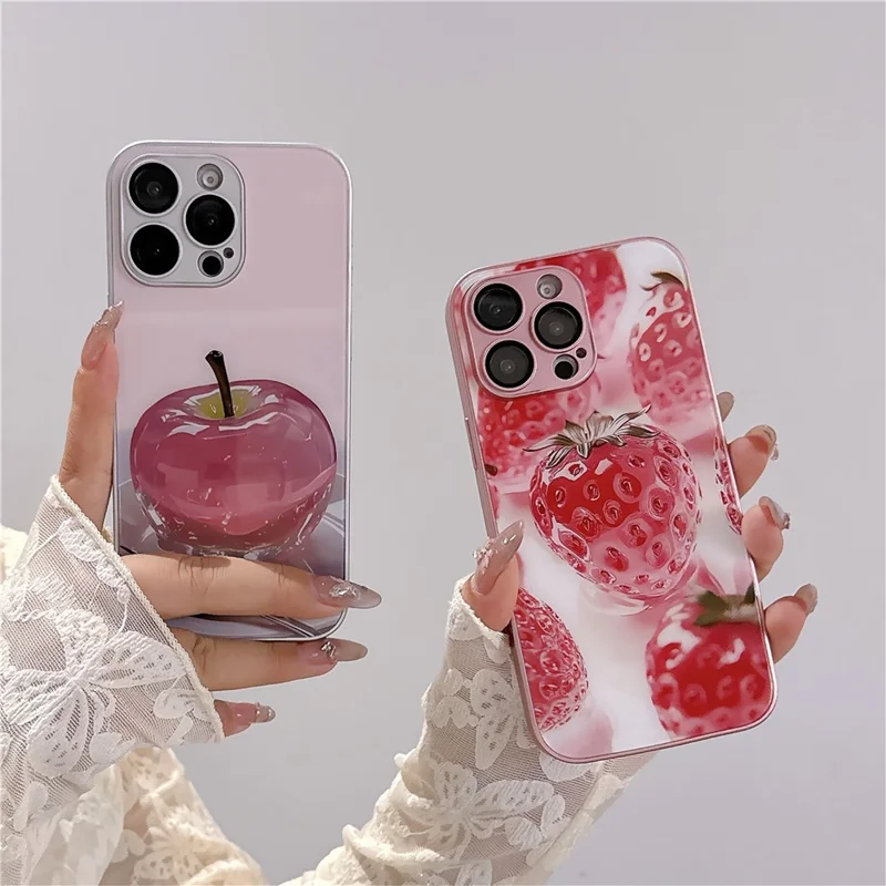 For iPhone 15 Pro Case Mirror Painted Fruit Pattern TPU + Acrylic Phone Cover - Cherry