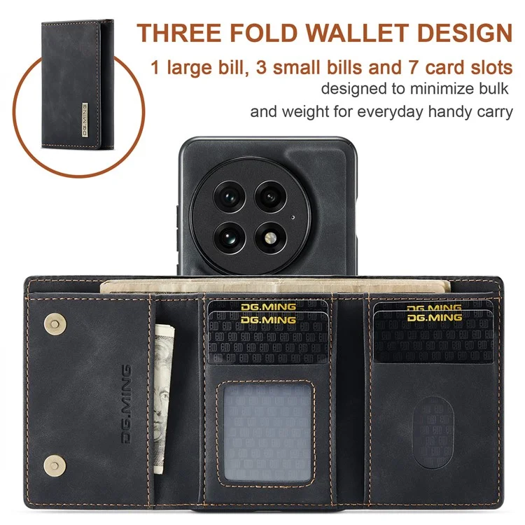 DG.MING Serie M1 para Funda de OnePlus 13 con Soporte, Cartera Desmontable y Cubierta de Teléfono de Cuero - Negro