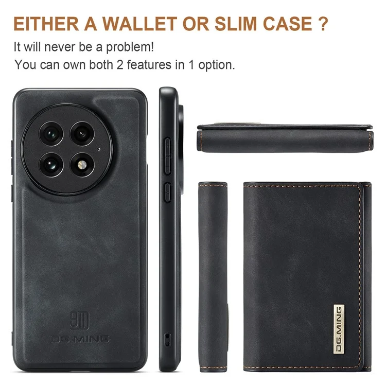 DG.MING Serie M1 para Funda de OnePlus 13 con Soporte, Cartera Desmontable y Cubierta de Teléfono de Cuero - Negro