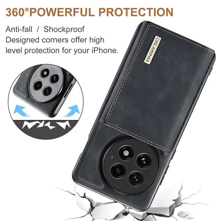 DG.MING Serie M1 para Funda de OnePlus 13 con Soporte, Cartera Desmontable y Cubierta de Teléfono de Cuero - Negro