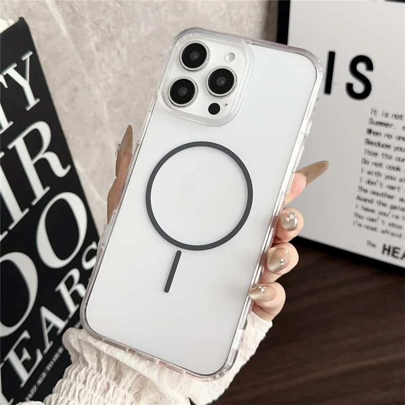 For iPhone 16 Pro Max Magnetic Case Acrylic TPU Clear Phone Back Cover - Grey