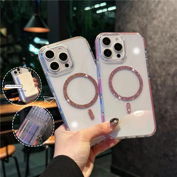 For iPhone 16 Pro Max Case Compatible with MagSafe Glitter Ring TPU + Acrylic Clear Phone Cover Airbag Protection - Blue