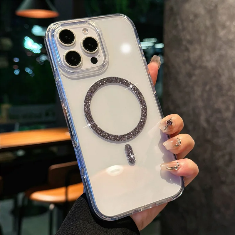 For iPhone 16 Pro Max Case Compatible with MagSafe Glitter Ring TPU + Acrylic Clear Phone Cover Airbag Protection - Black