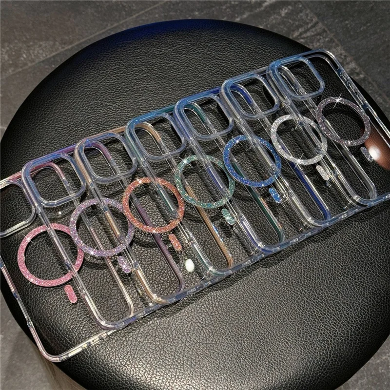 For iPhone 16 Pro Case Compatible with MagSafe Glitter Ring TPU + Acrylic Clear Phone Cover Airbag Protection - Blue
