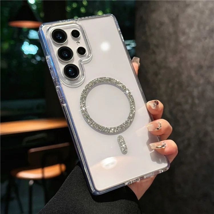 Funda para Samsung Galaxy S25 Ultra Compatible con MagSafe - Anillo Purpurina TPU + Carcasa Transparente de Acrílico con Protección Antigolpes - Plata