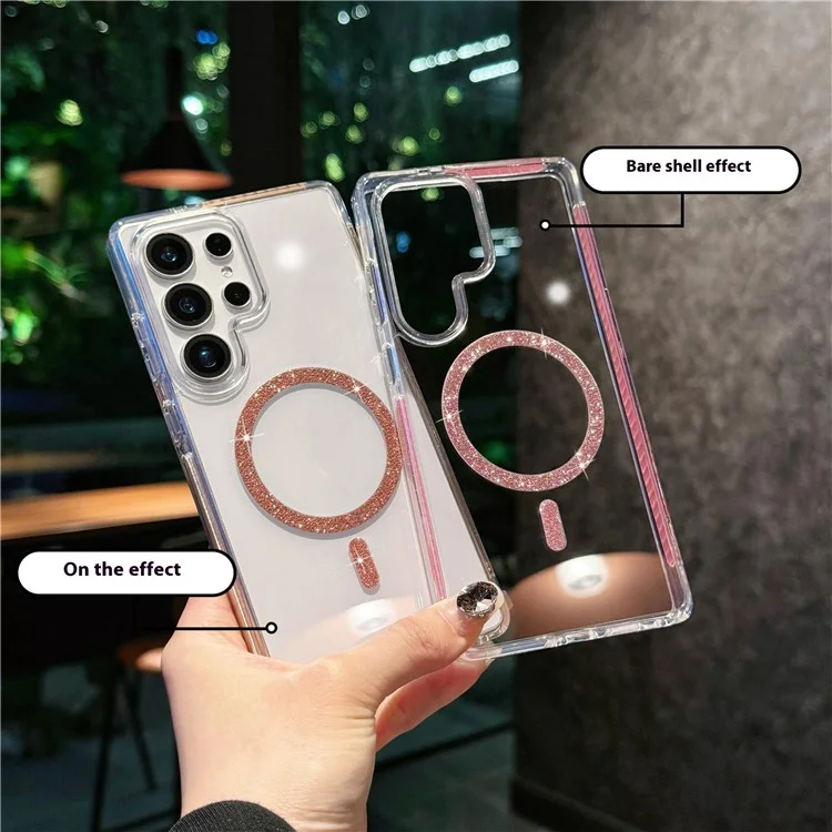 Funda para Samsung Galaxy S25 Ultra Compatible con MagSafe - Anillo Purpurina TPU + Carcasa Transparente de Acrílico con Protección Antigolpes - Plata