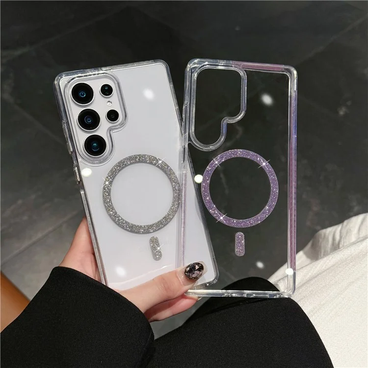 Funda para Samsung Galaxy S25 Ultra Compatible con MagSafe - Anillo Purpurina TPU + Carcasa Transparente de Acrílico con Protección Antigolpes - Plata