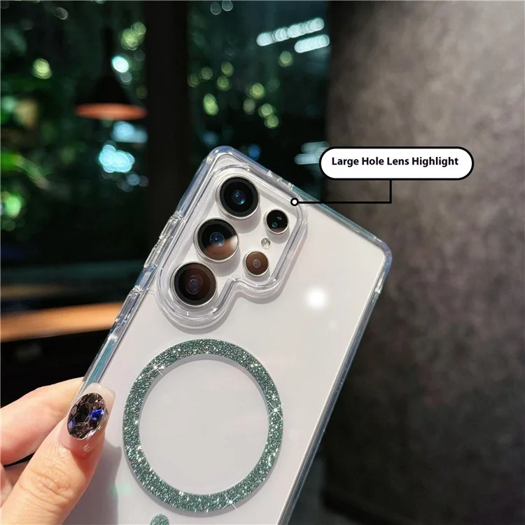 Funda para Samsung Galaxy S25 Ultra Compatible con MagSafe - Anillo Purpurina TPU + Carcasa Transparente de Acrílico con Protección Antigolpes - Plata